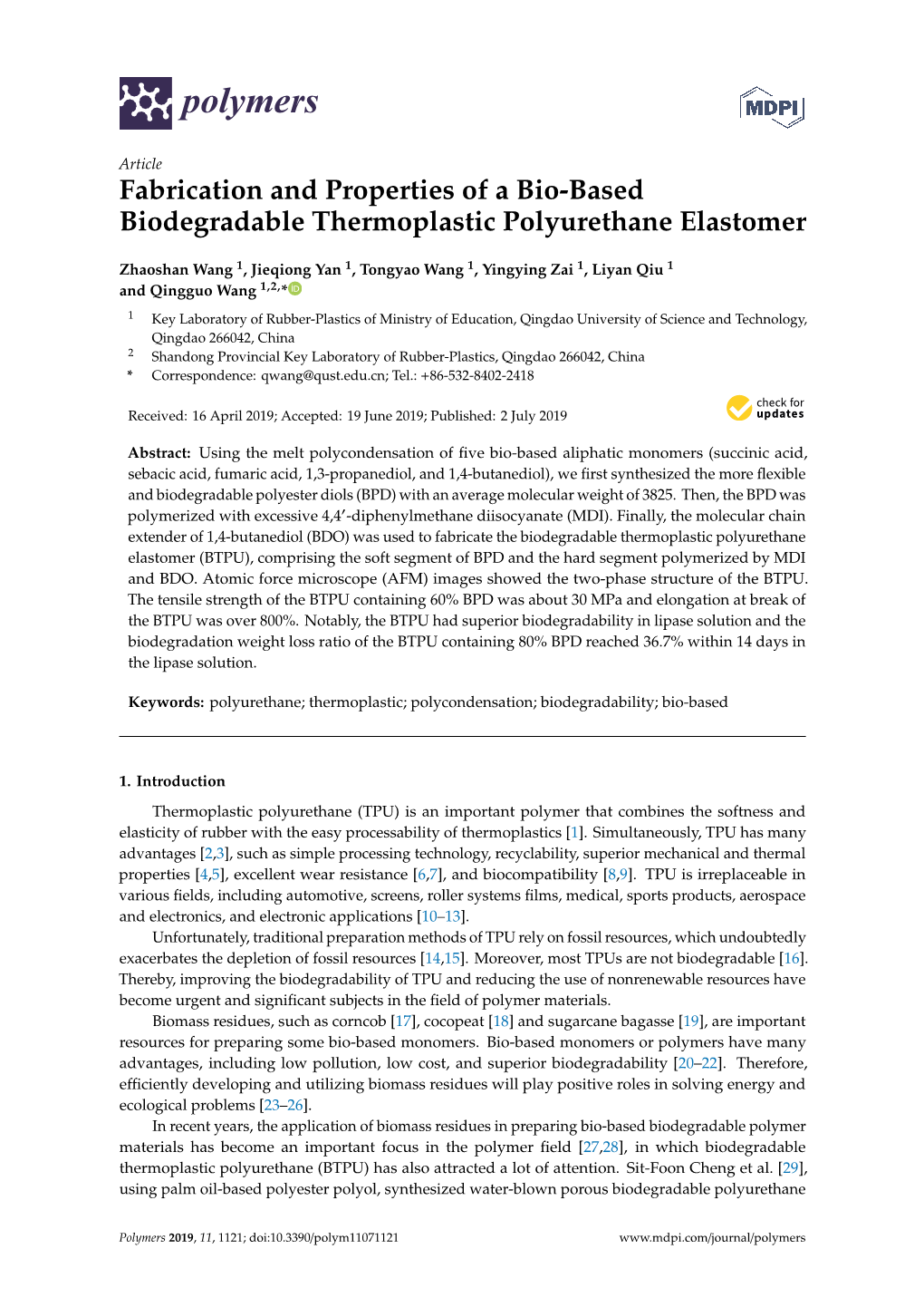Fabrication and Properties of a Bio-Based Biodegradable Thermoplastic Polyurethane Elastomer