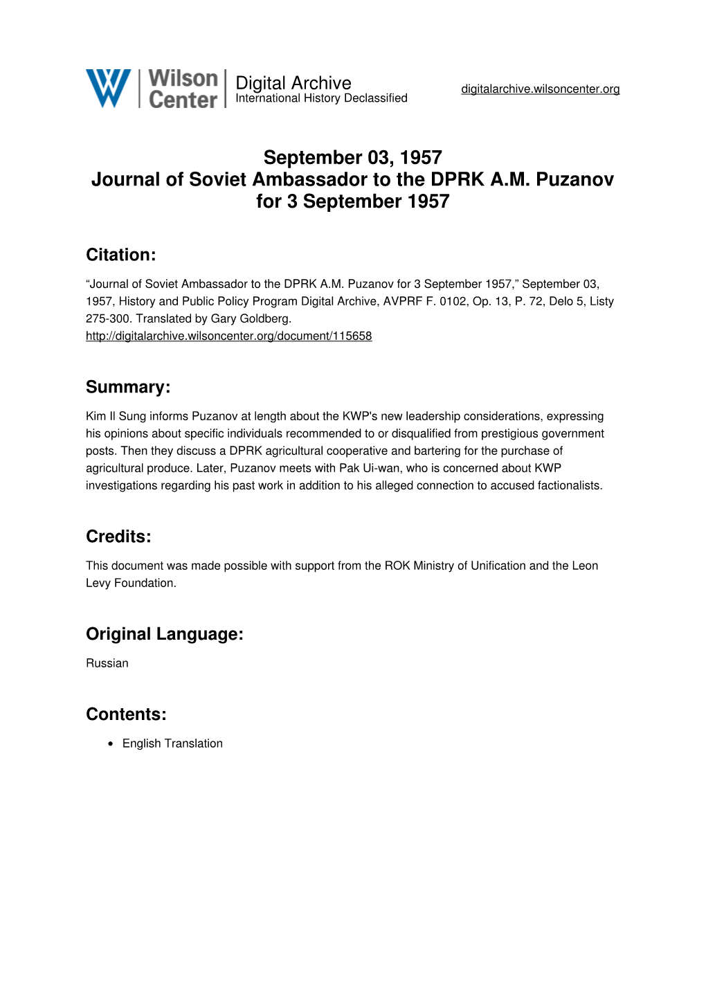 September 03, 1957 Journal of Soviet Ambassador to the DPRK A.M. Puzanov for 3 September 1957