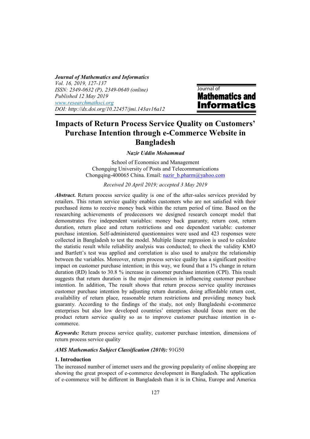 Impacts of Return Process Service Quality on Customers' Purchase