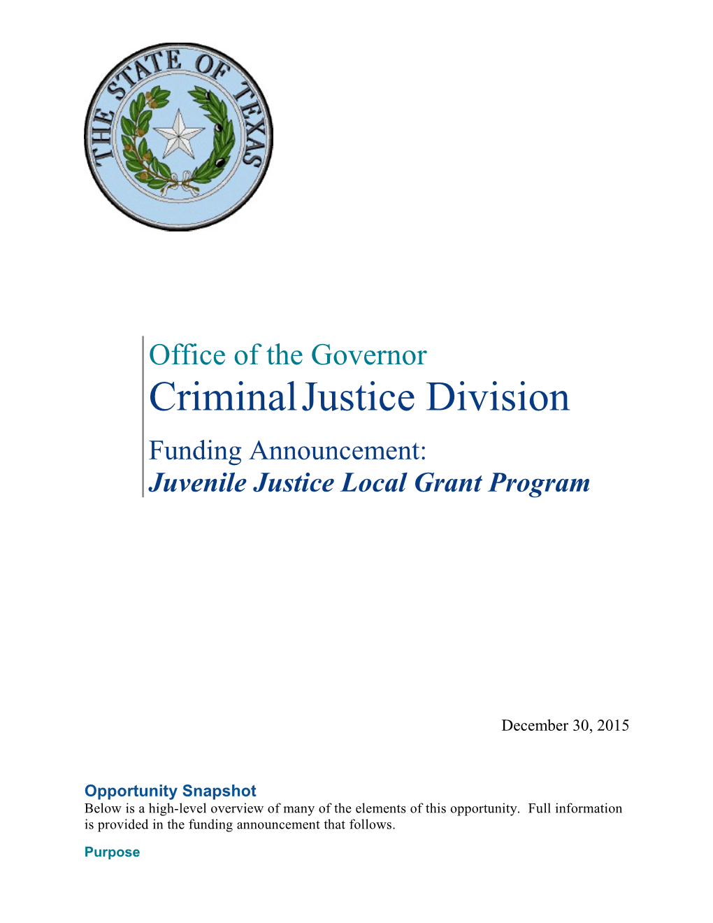 CJD Funding Announcement: Juvenile Justice Local Grant Program