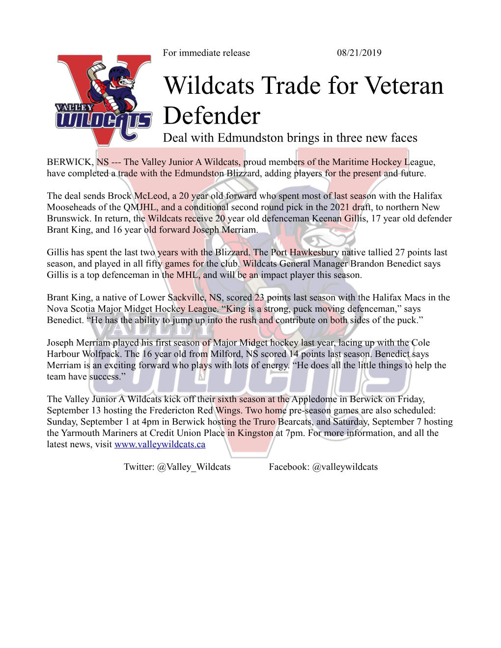 Wildcats Trade for Veteran Defender Deal with Edmundston Brings in Three New Faces