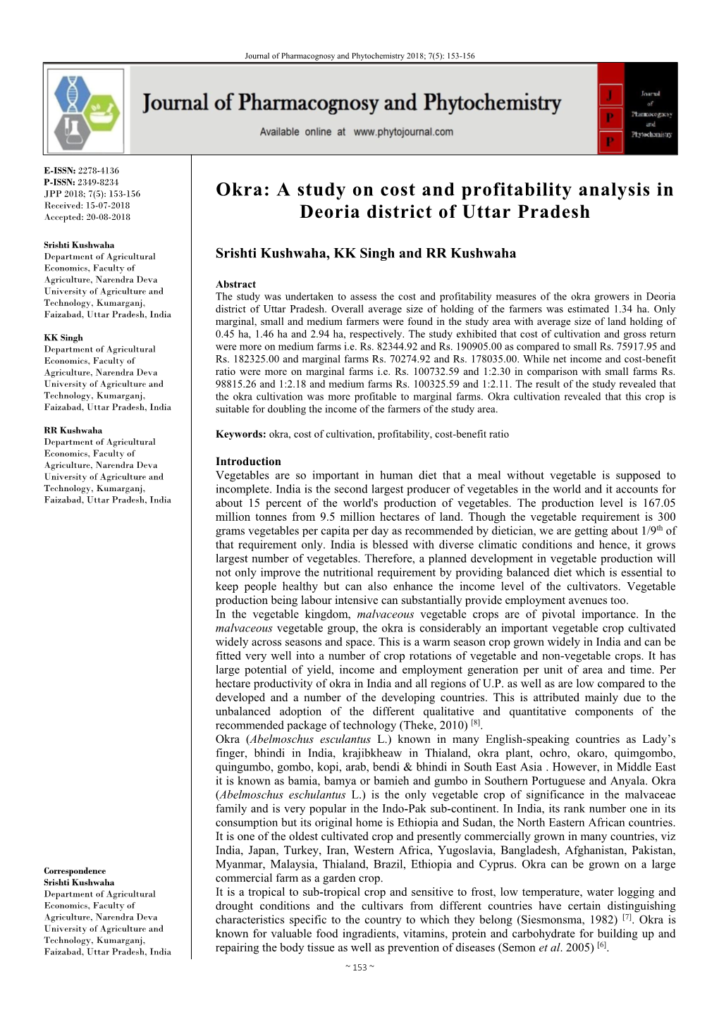 Okra: a Study on Cost and Profitability Analysis in Deoria District of Uttar