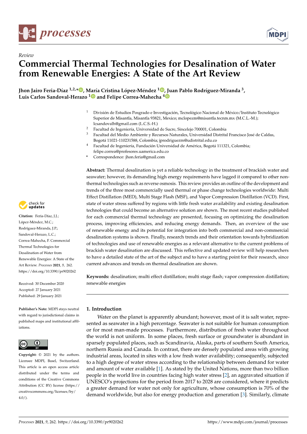 Commercial Thermal Technologies for Desalination of Water from Renewable Energies: a State of the Art Review