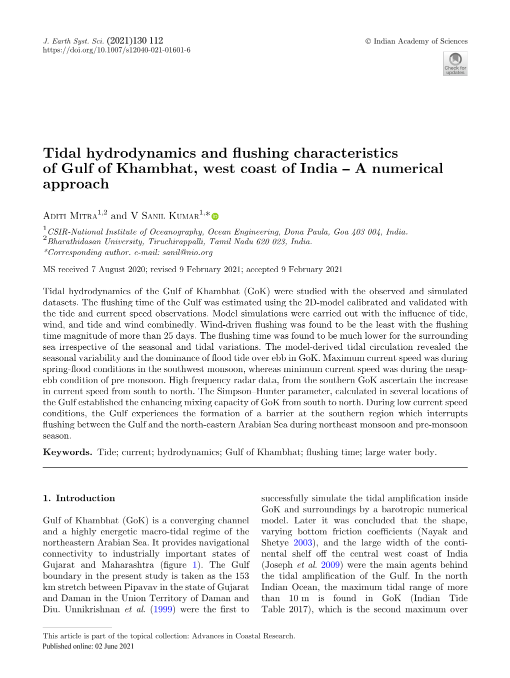 Tidal Hydrodynamics and Flushing Characteristics of Gulf of Khambhat