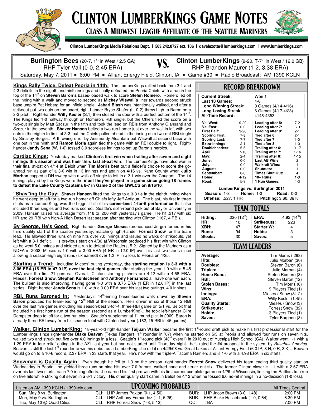 Clinton Lumberkings Game Notes Class a Midwest League Affiliate of the Seattle Mariners