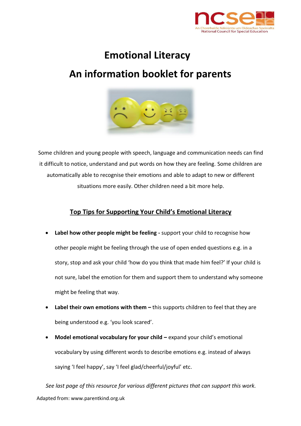 Emotional Literacy an Information Booklet for Parents