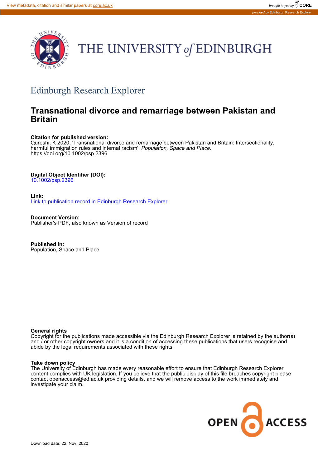 Transnational Divorce and Remarriage Between Pakistan and Britain: Intersectionality, Harmful Immigration Rules and Internal Racism', Population, Space and Place