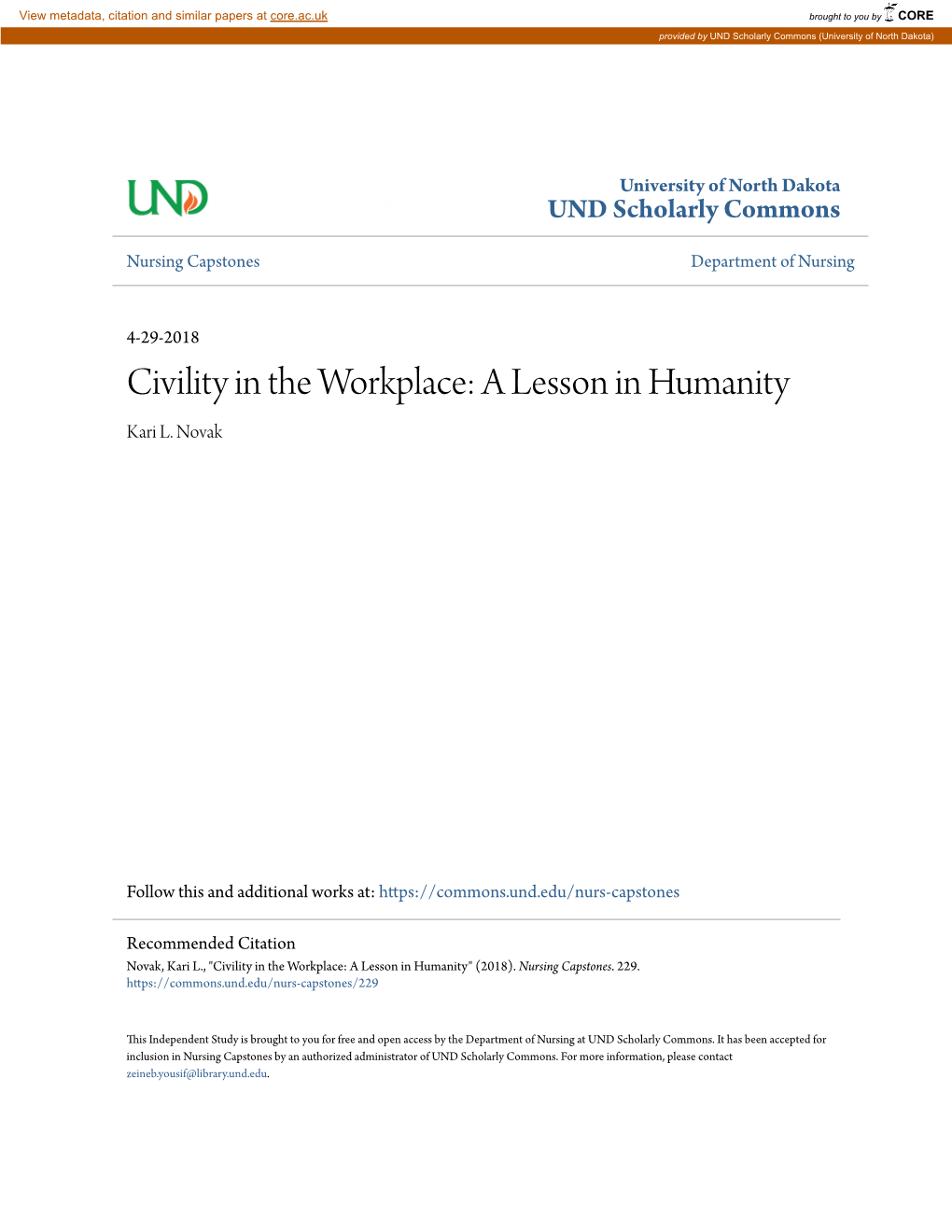 Civility in the Workplace: a Lesson in Humanity Kari L