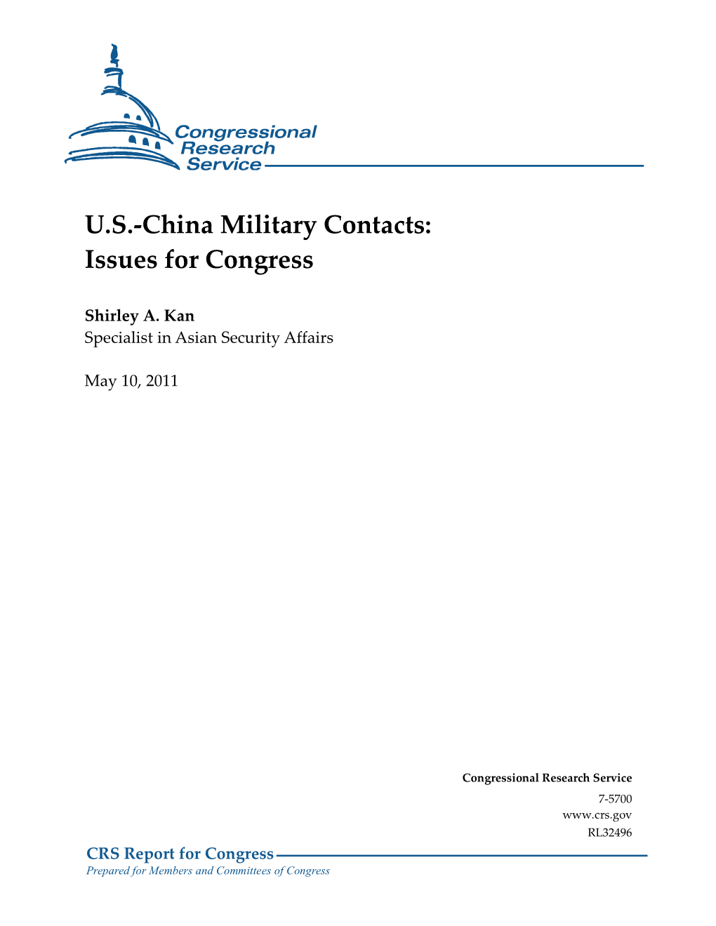 U.S.-China Military Contacts: Issues for Congress