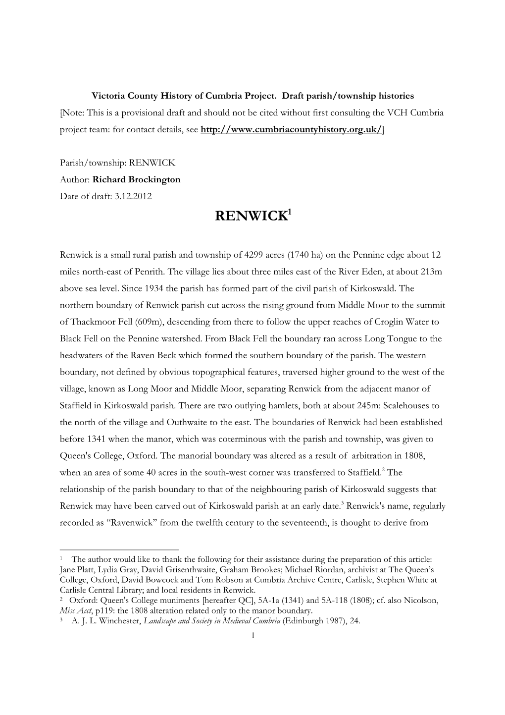 RENWICK Author: Richard Brockington Date of Draft: 3.12.2012 RENWICK 1