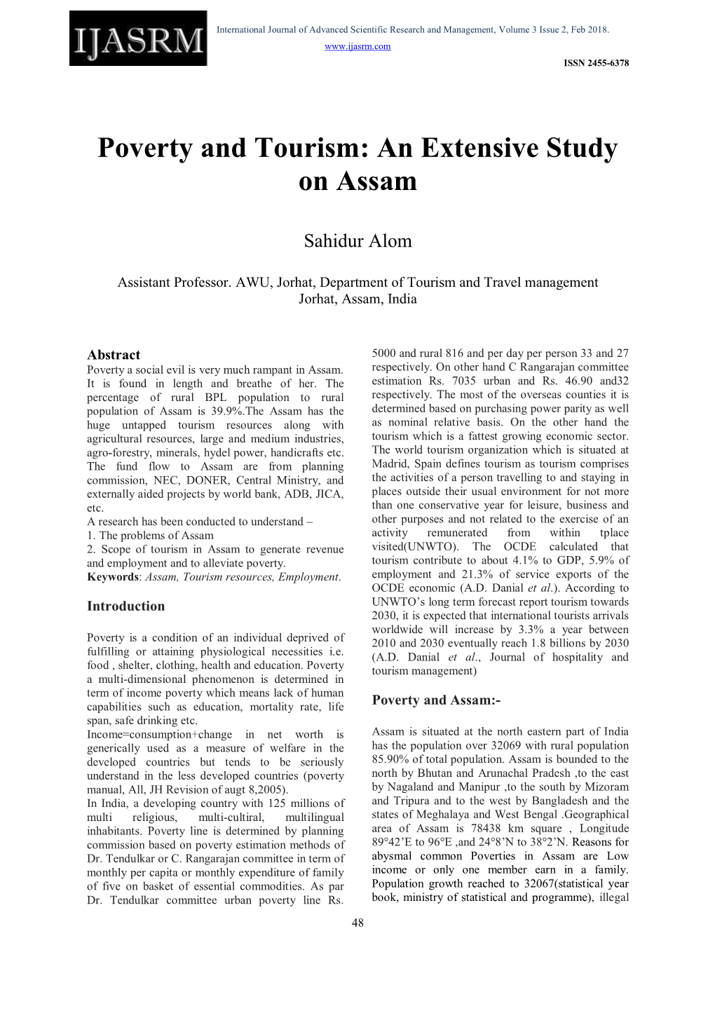 Poverty and Tourism: an Extensive Study on Assam