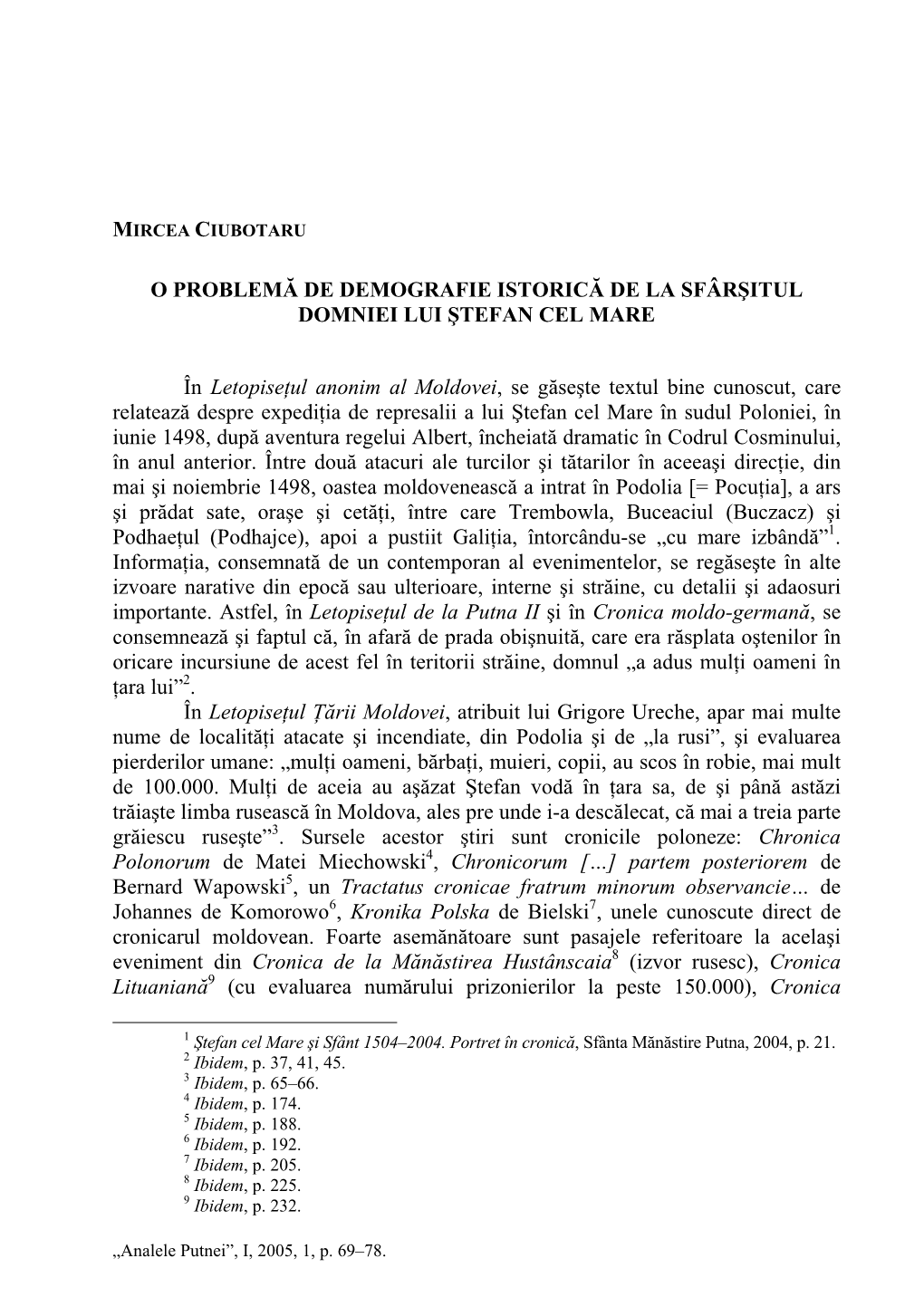 O Problemă De Demografie Istorică De La Sfârşitul Domniei Lui Ştefan Cel Mare