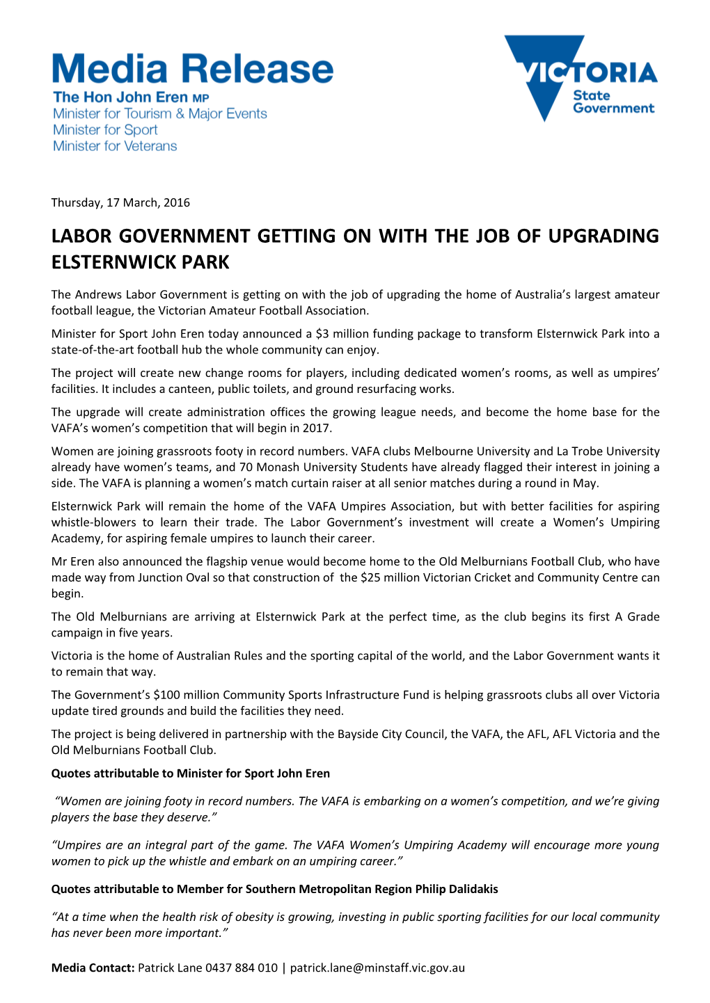 Labor Government Getting on with the Job of Upgrading Elsternwick Park