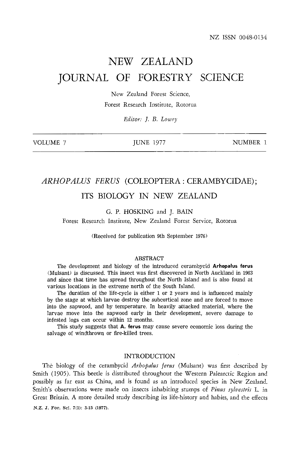 NEW ZEALAND JOURNAL of FORESTRY SCIENCE New Zealand Forest Science, Forest Research Institute, Rotorua