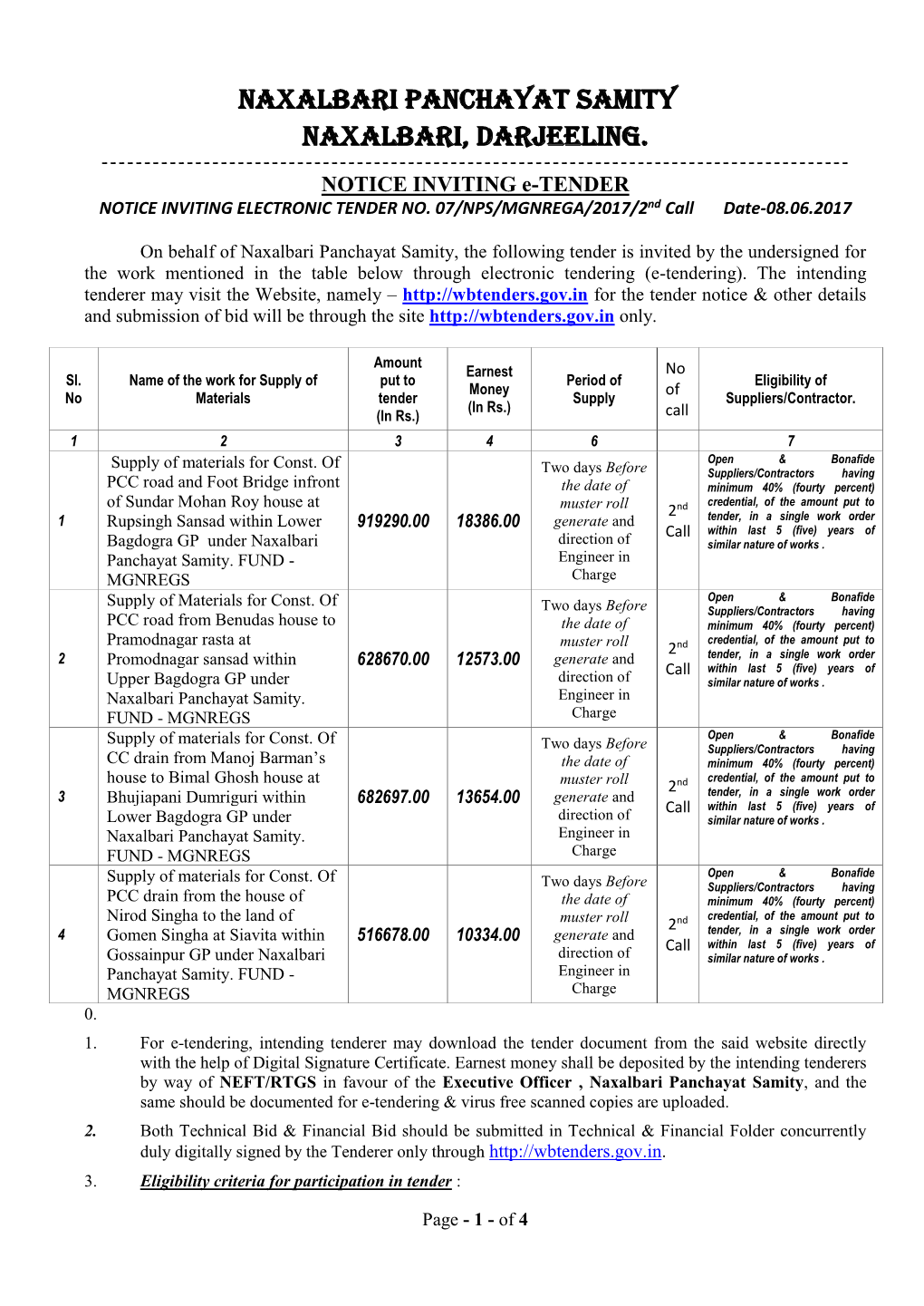 NAXALBARI PANCHAYAT SAMITY NAXALBARI, DARJEELING. ------NOTICE INVITING E-TENDER NOTICE INVITING ELECTRONIC TENDER NO