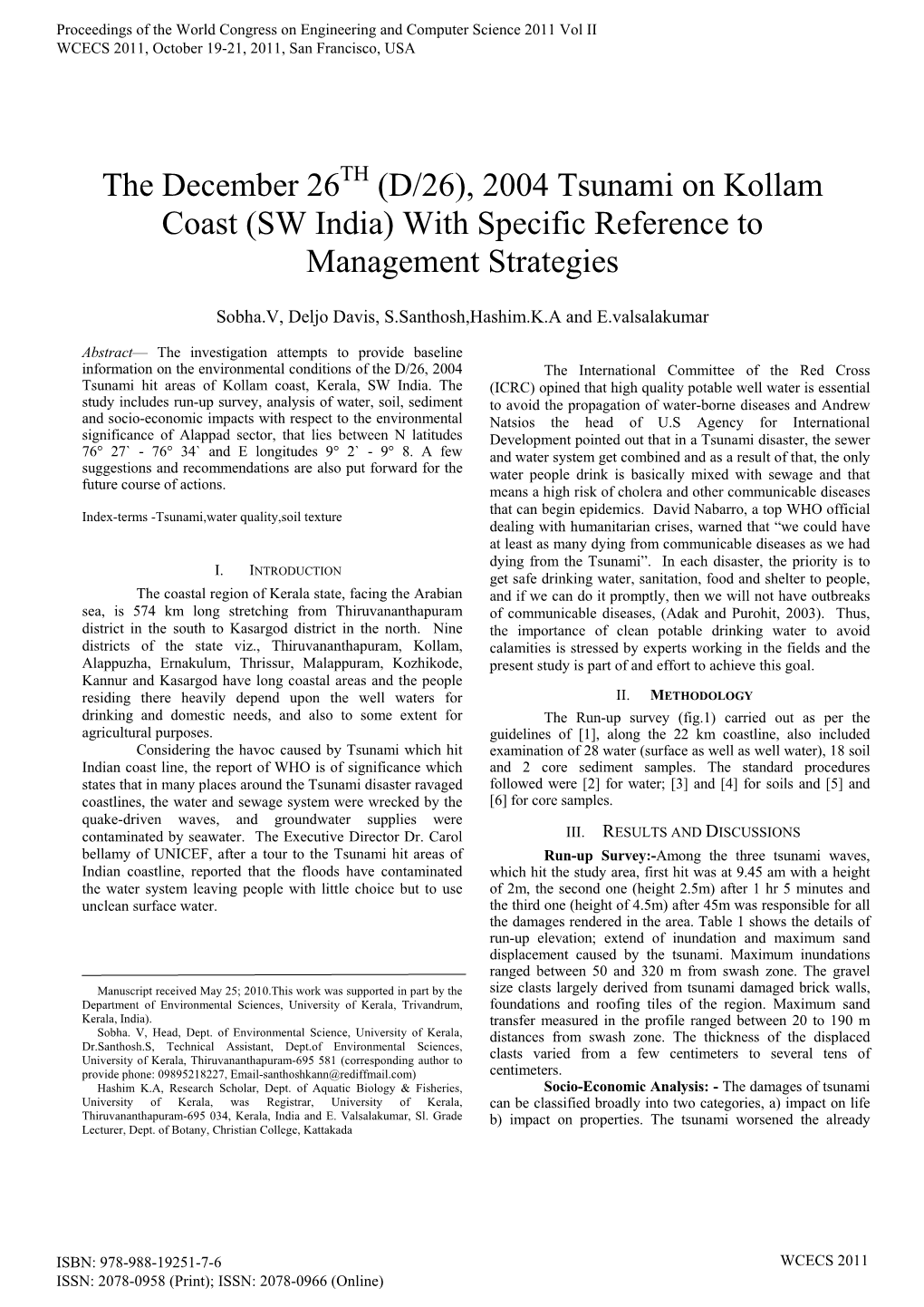 2004 Tsunami on Kollam Coast (SW India) with Specific Reference to Management Strategies