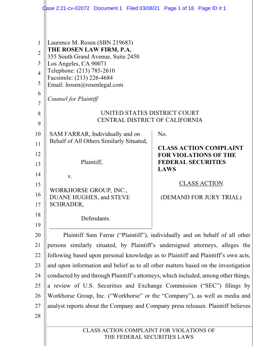 Sam Farrar, Et Al. V. Workhorse Group, Inc., Et Al. 21-CV-02072