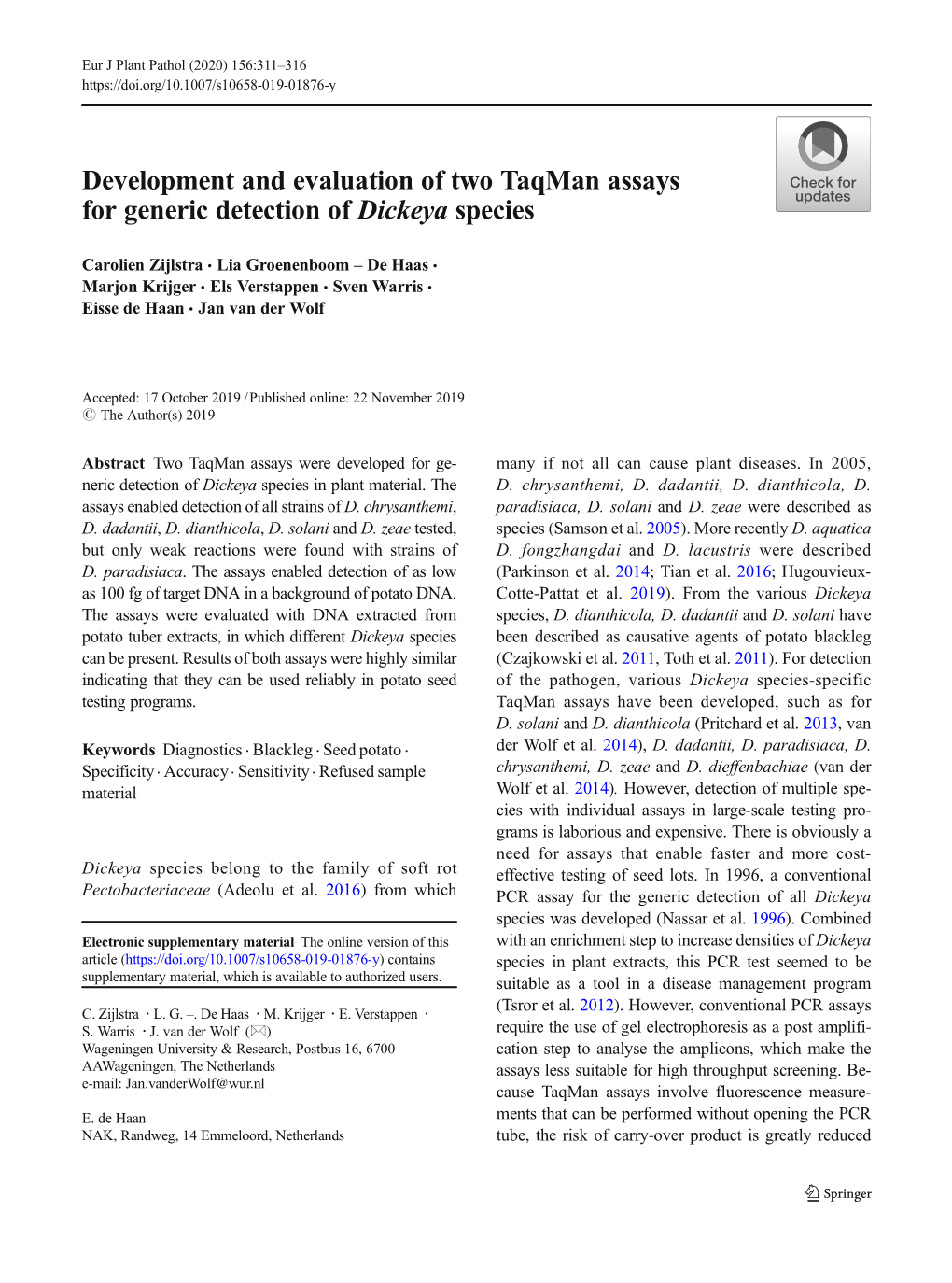 Development and Evaluation of Two Taqman Assays for Generic Detection of Dickeya Species