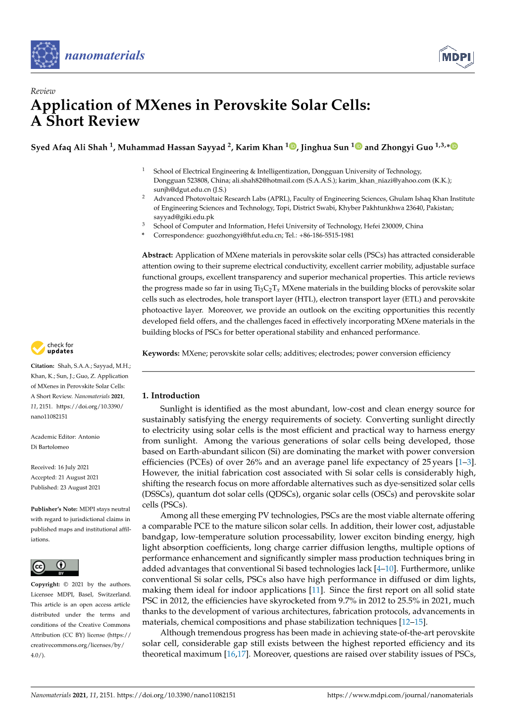 Application of Mxenes in Perovskite Solar Cells: a Short Review