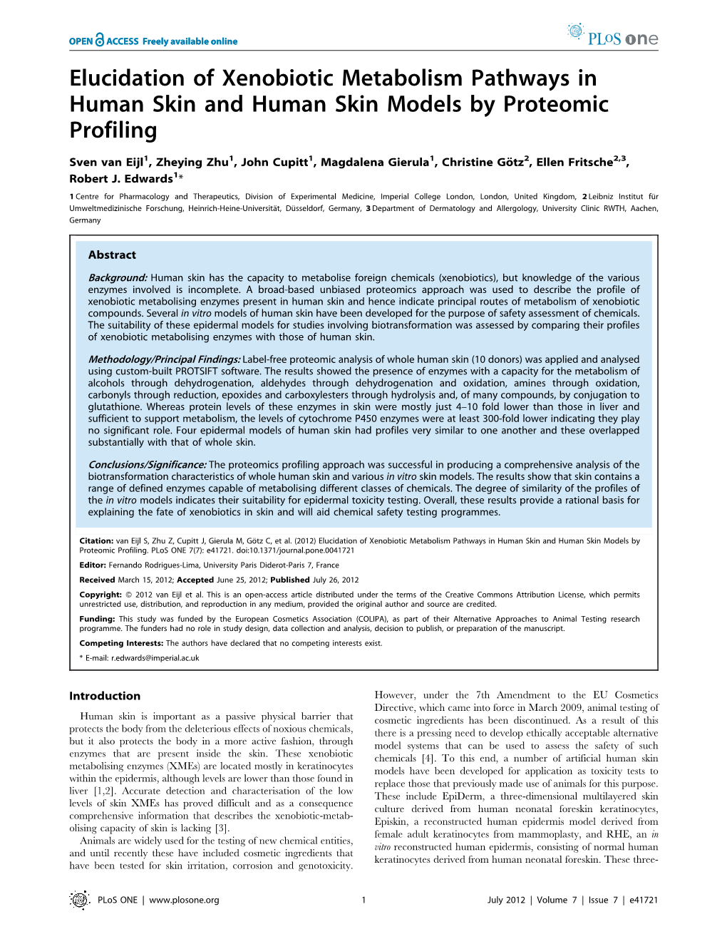 Elucidation of Xenobiotic Metabolism Pathways in Human Skin and Human Skin Models by Proteomic Profiling