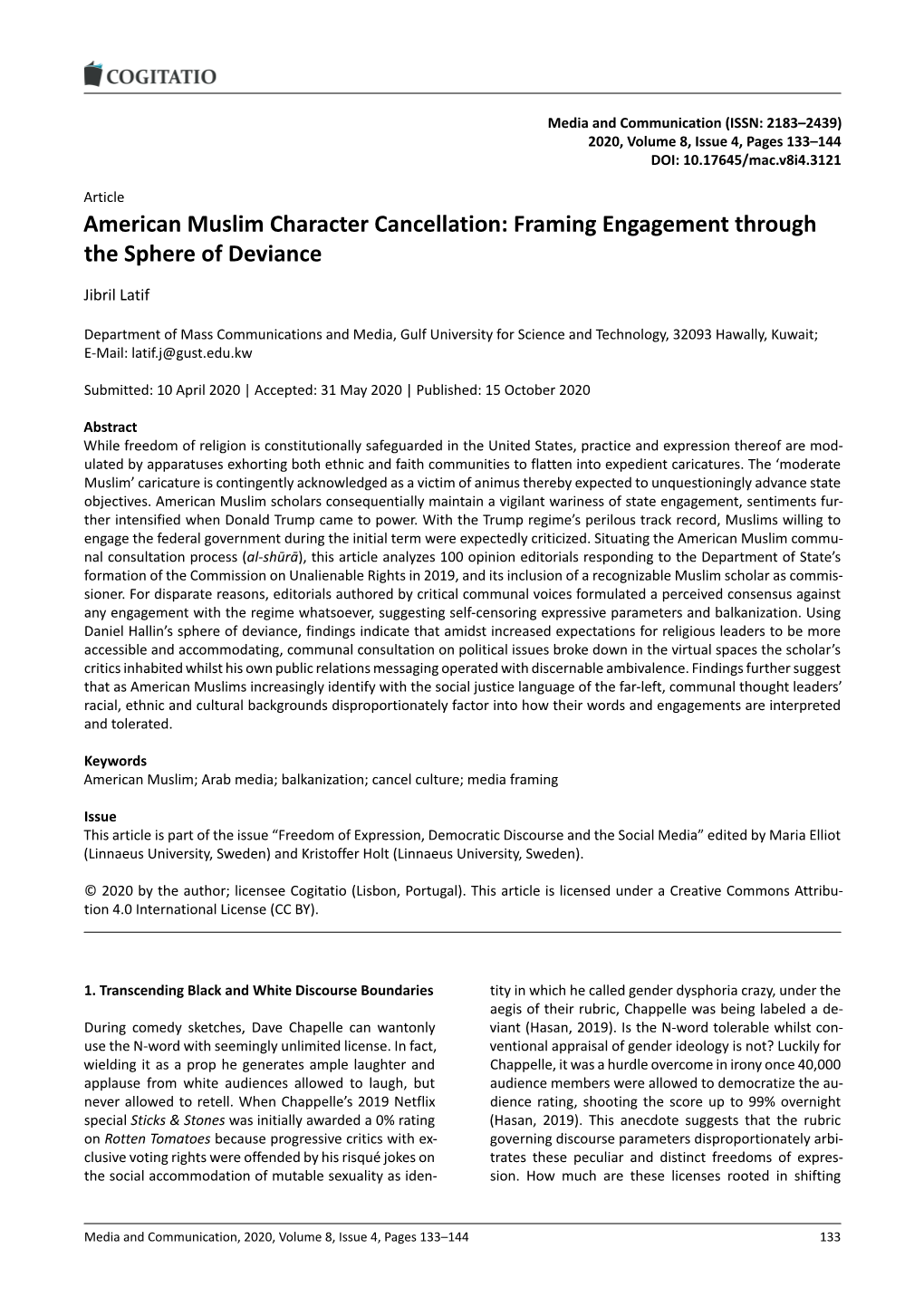 American Muslim Character Cancellation: Framing Engagement Through the Sphere of Deviance