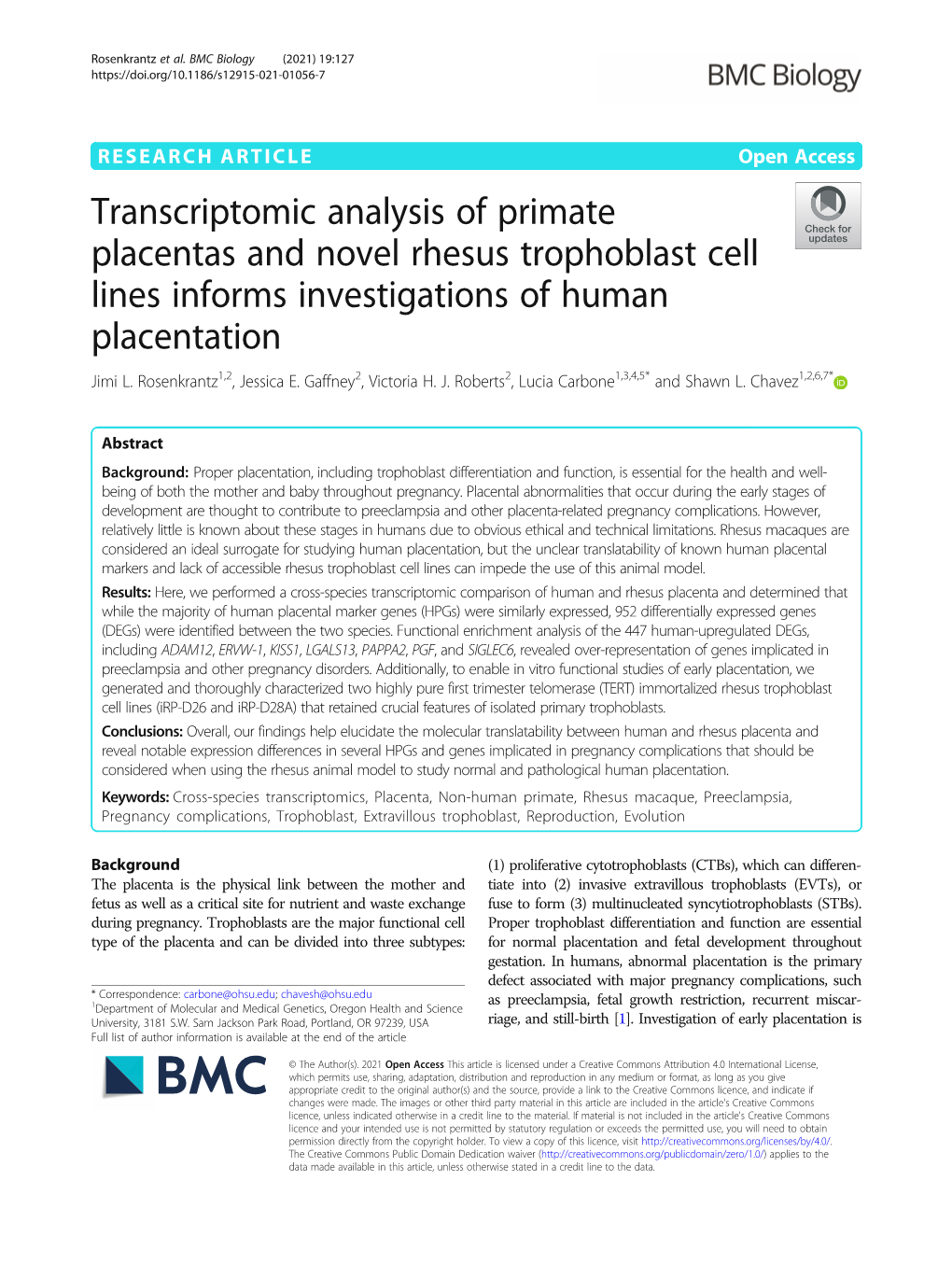 Transcriptomic Analysis of Primate Placentas and Novel Rhesus Trophoblast Cell Lines Informs Investigations of Human Placentation Jimi L