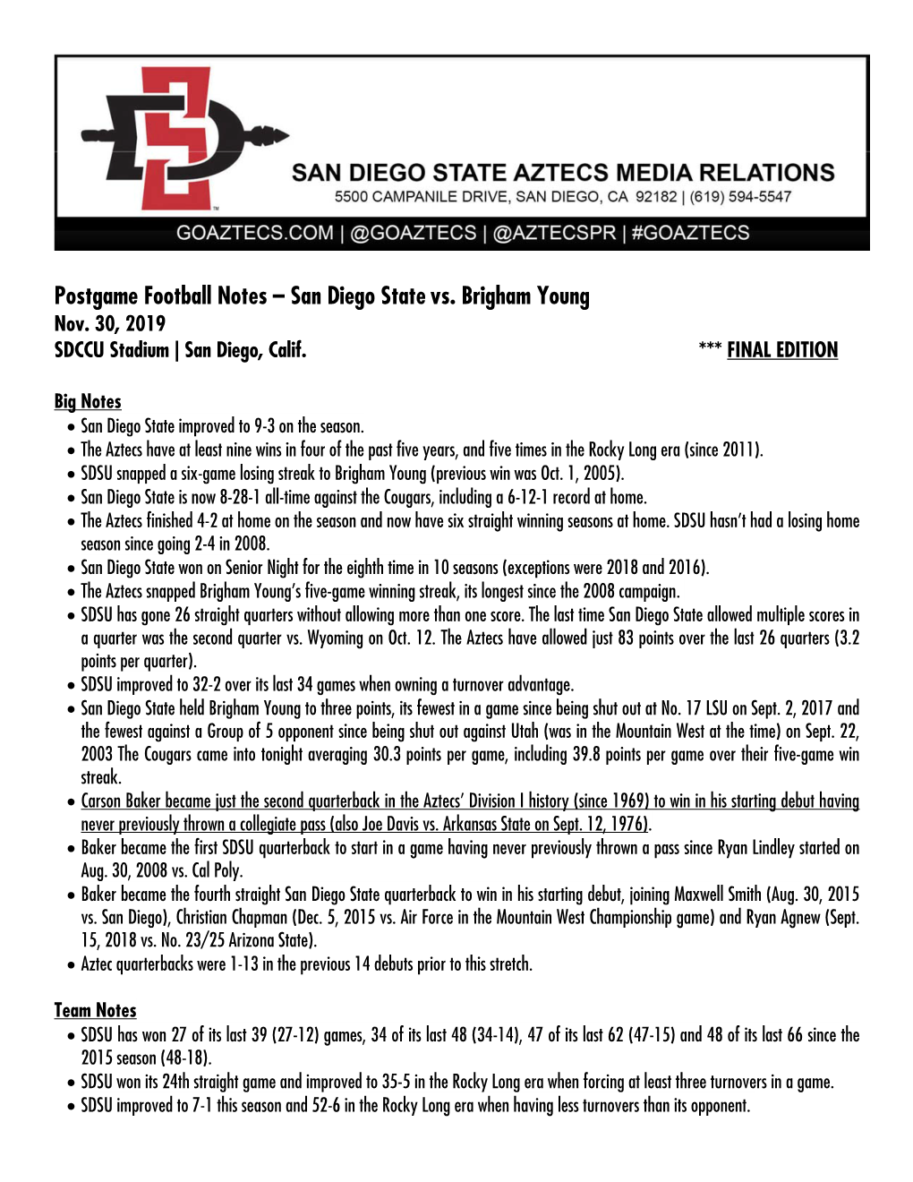 Postgame Football Notes – San Diego State Vs. Brigham Young Nov