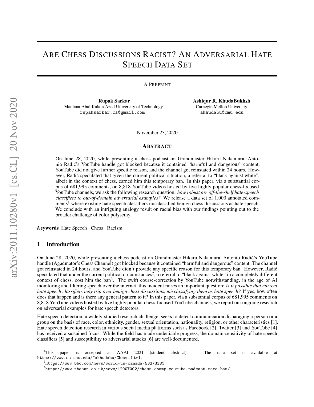 Are Chess Discussions Racist? an Adversarial Hate Speech Data Set APREPRINT