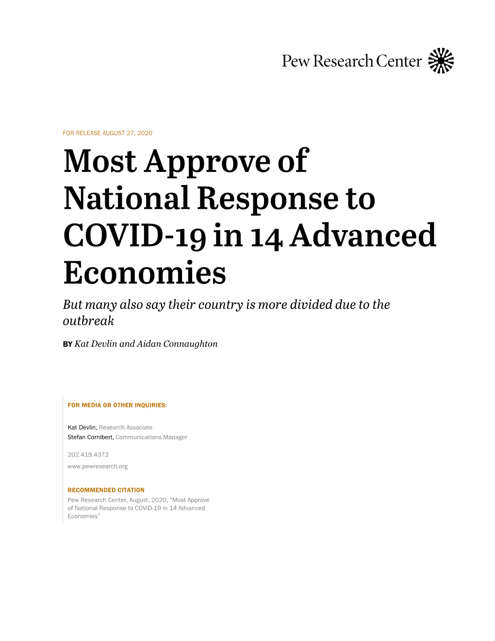 Most Approve of National Response to COVID-19 in 14 Advanced Economies but Many Also Say Their Country Is More Divided Due to the Outbreak