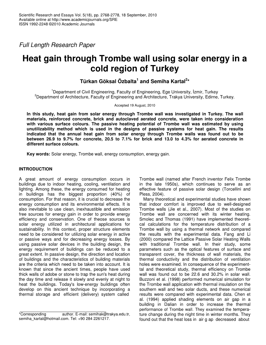 Heat Gain Through Trombe Wall Using Solar Energy in a Cold Region of Turkey