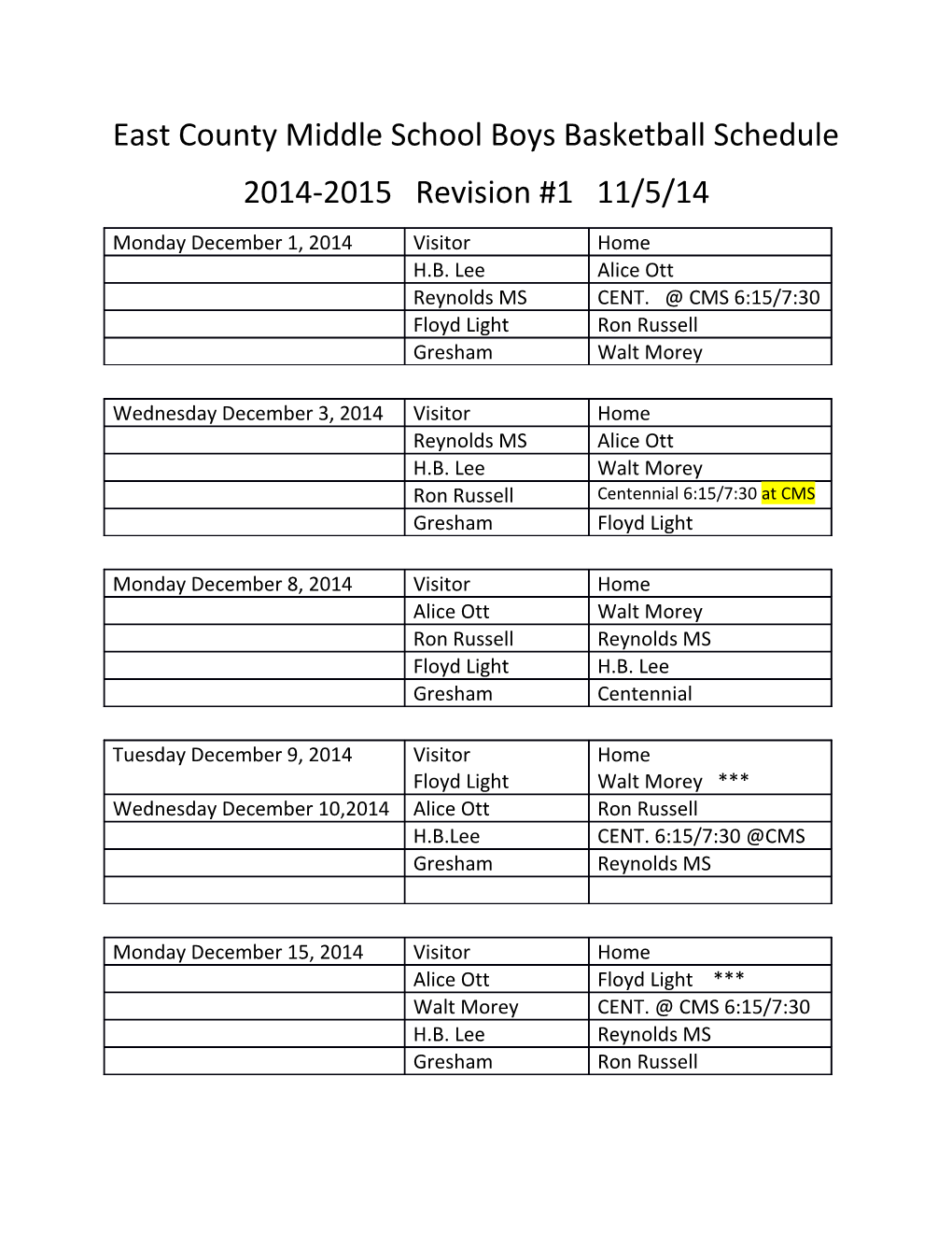 East County Middle School Boys Basketball Schedule