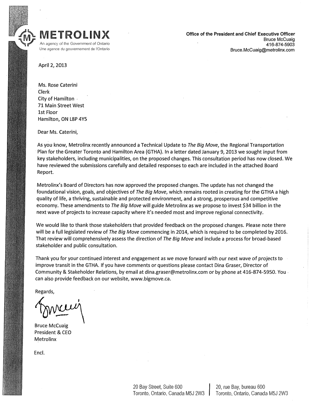 Correspondence from Metrolinx Respecting “The Big Move”