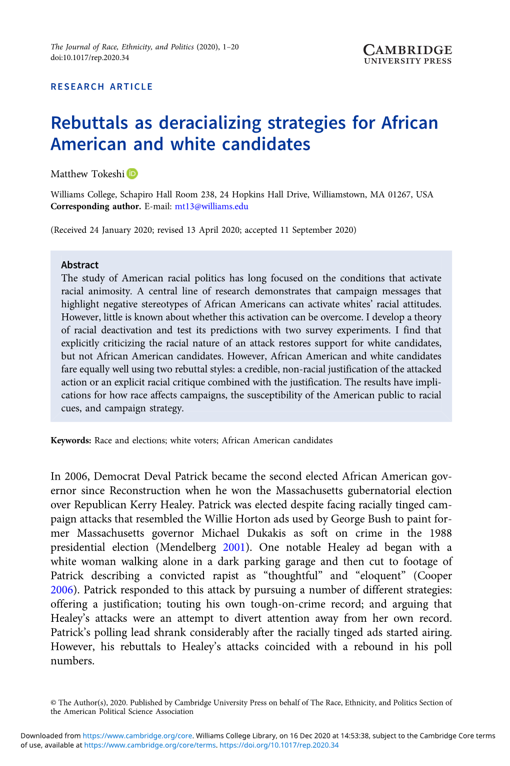 Rebuttals As Deracializing Strategies for African American and White Candidates