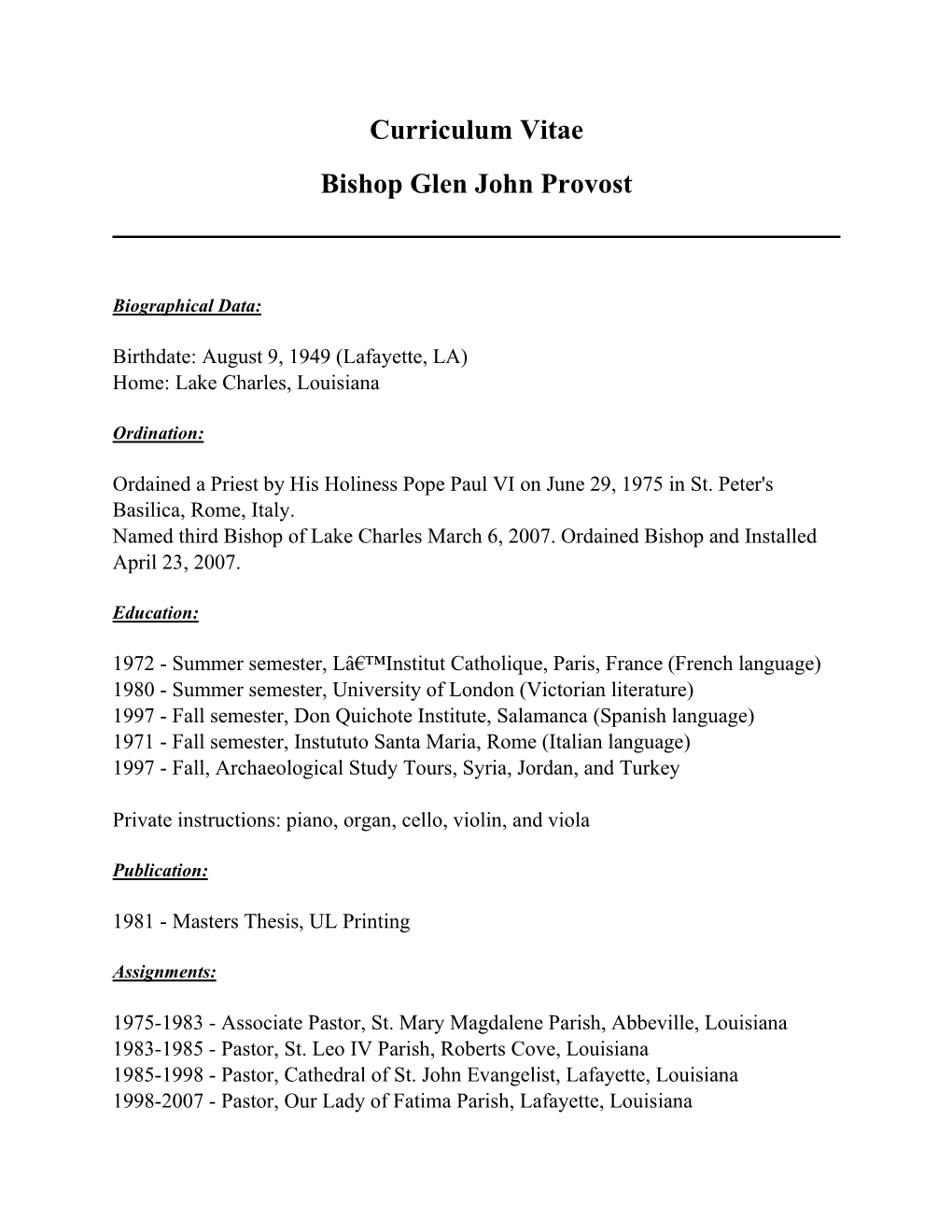 Curriculum Vitae Bishop Glen John Provost