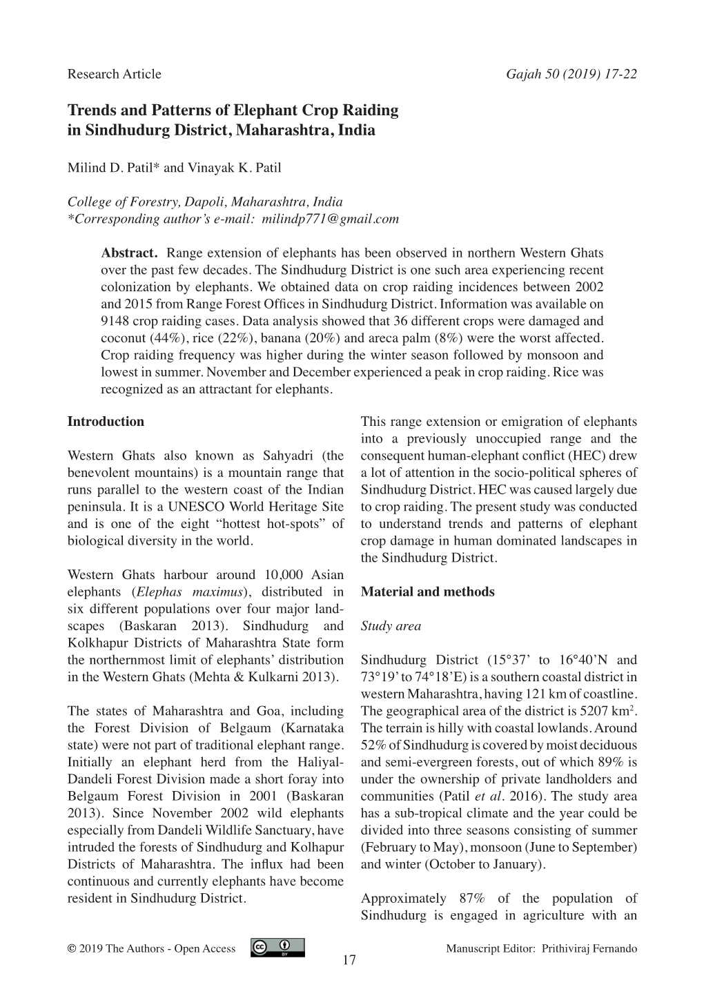 Trends and Patterns of Elephant Crop Raiding in Sindhudurg District, Maharashtra, India