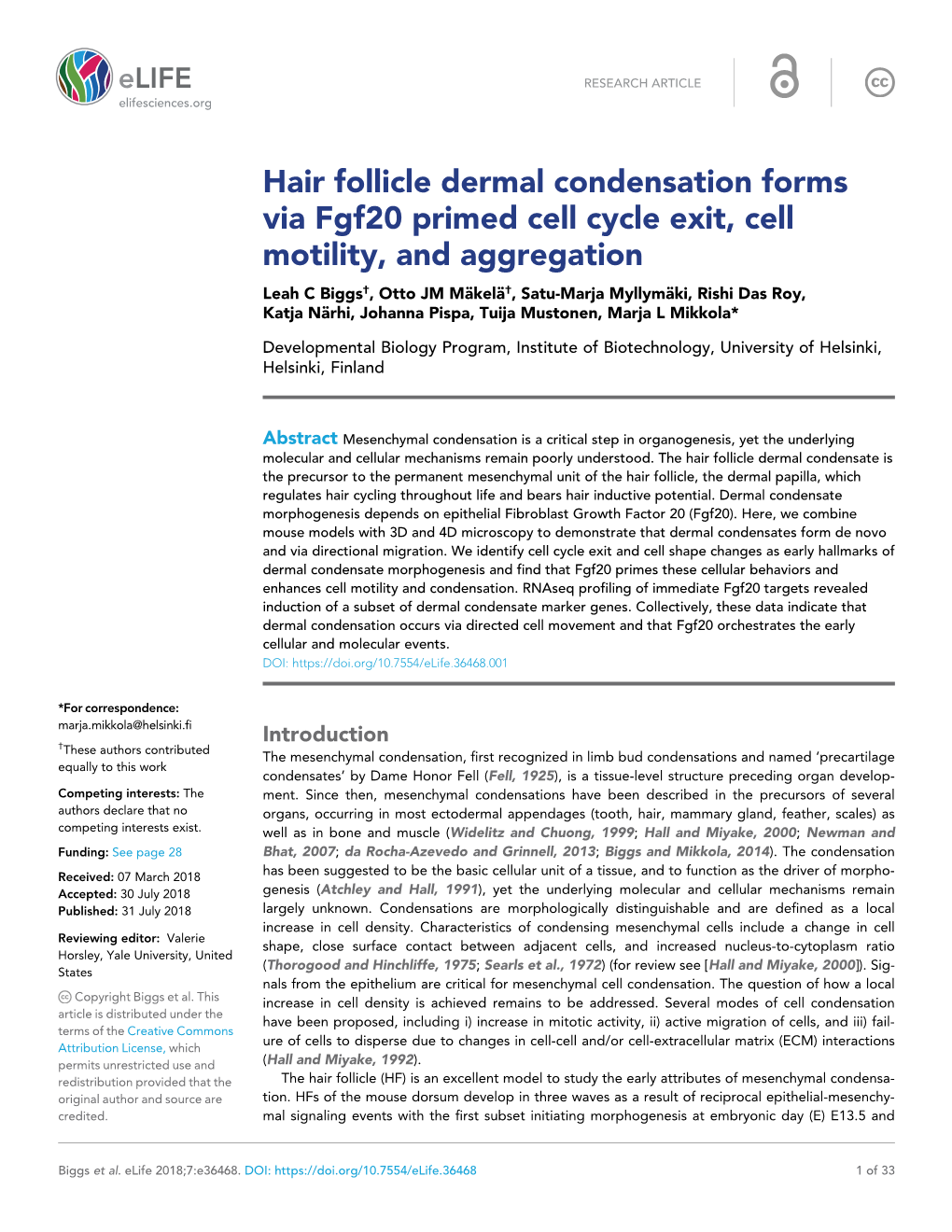 Hair Follicle Dermal Condensation Forms Via Fgf20 Primed Cell Cycle