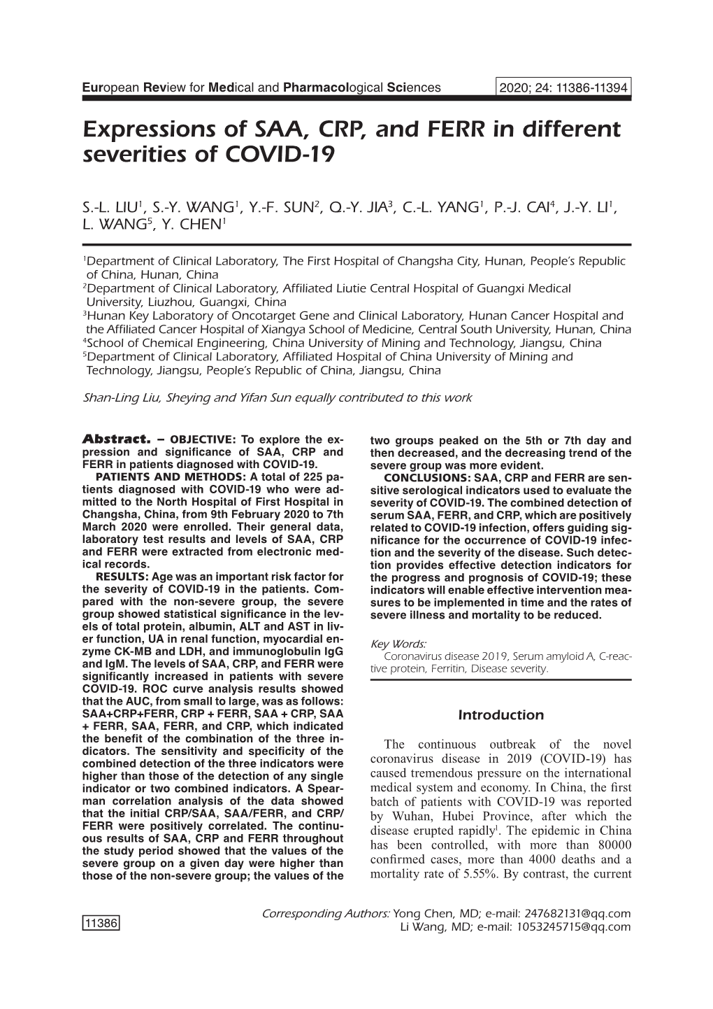 Expressions of SAA, CRP, and FERR in Different Severities of COVID-19