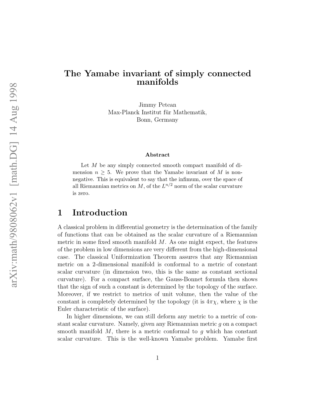 The Yamabe Invariant of Simply Connected Manifolds