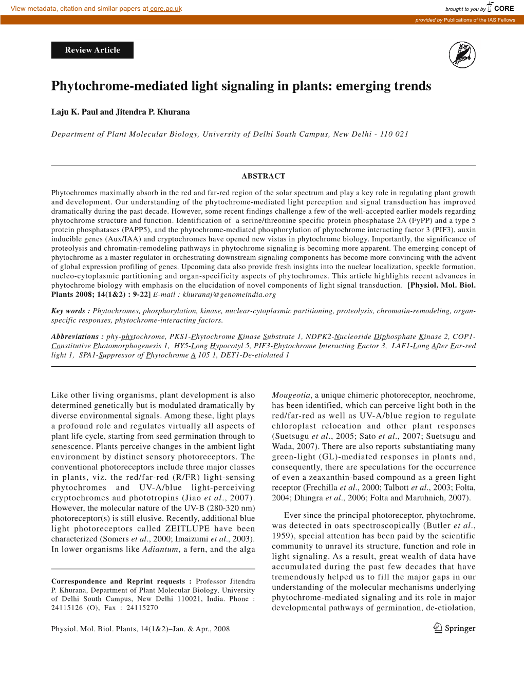 Phytochrome-Mediated Light Signaling in Plants: Emerging Trends 9 Review Article