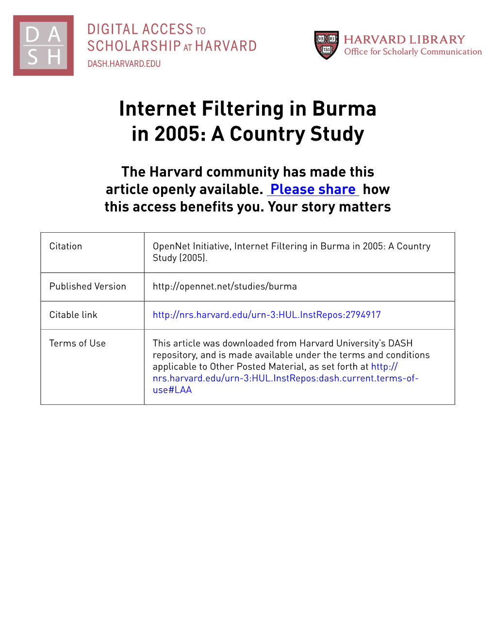 Internet Filtering in Burma in 2005: a Country Study