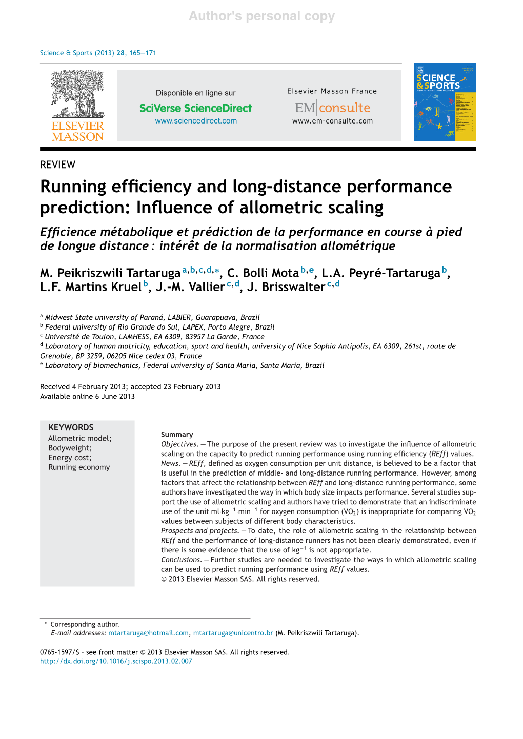 Running Efficiency and Long-Distance Performance Prediction: Influence of Allometric Scaling