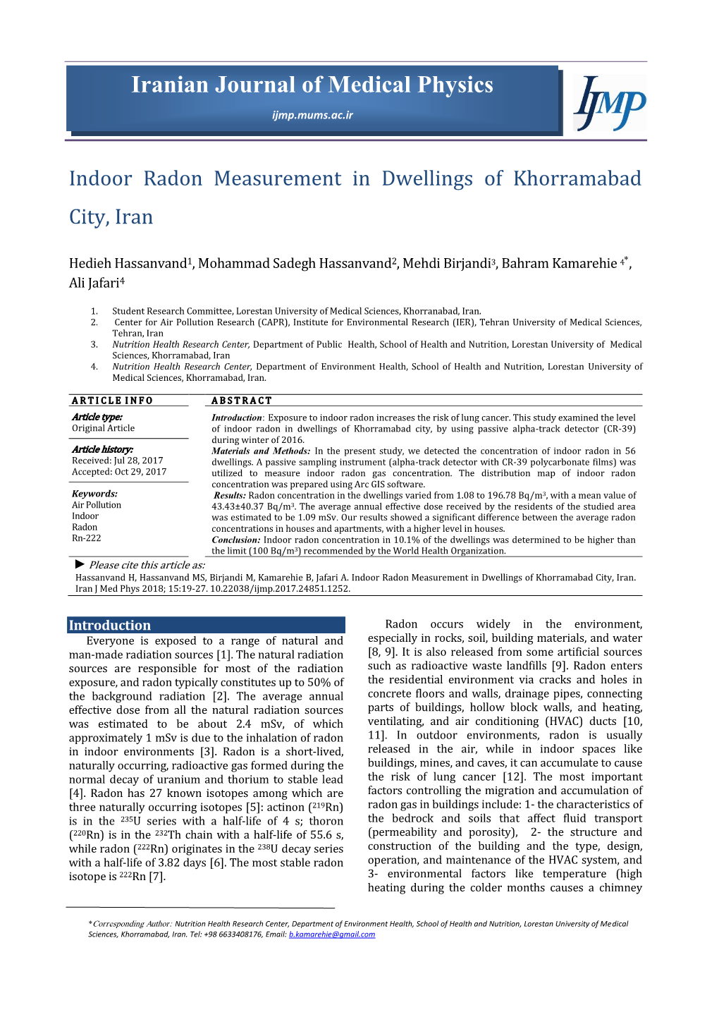 Indoor Radon Measurement in Dwellings of Khorramabad City, Iran