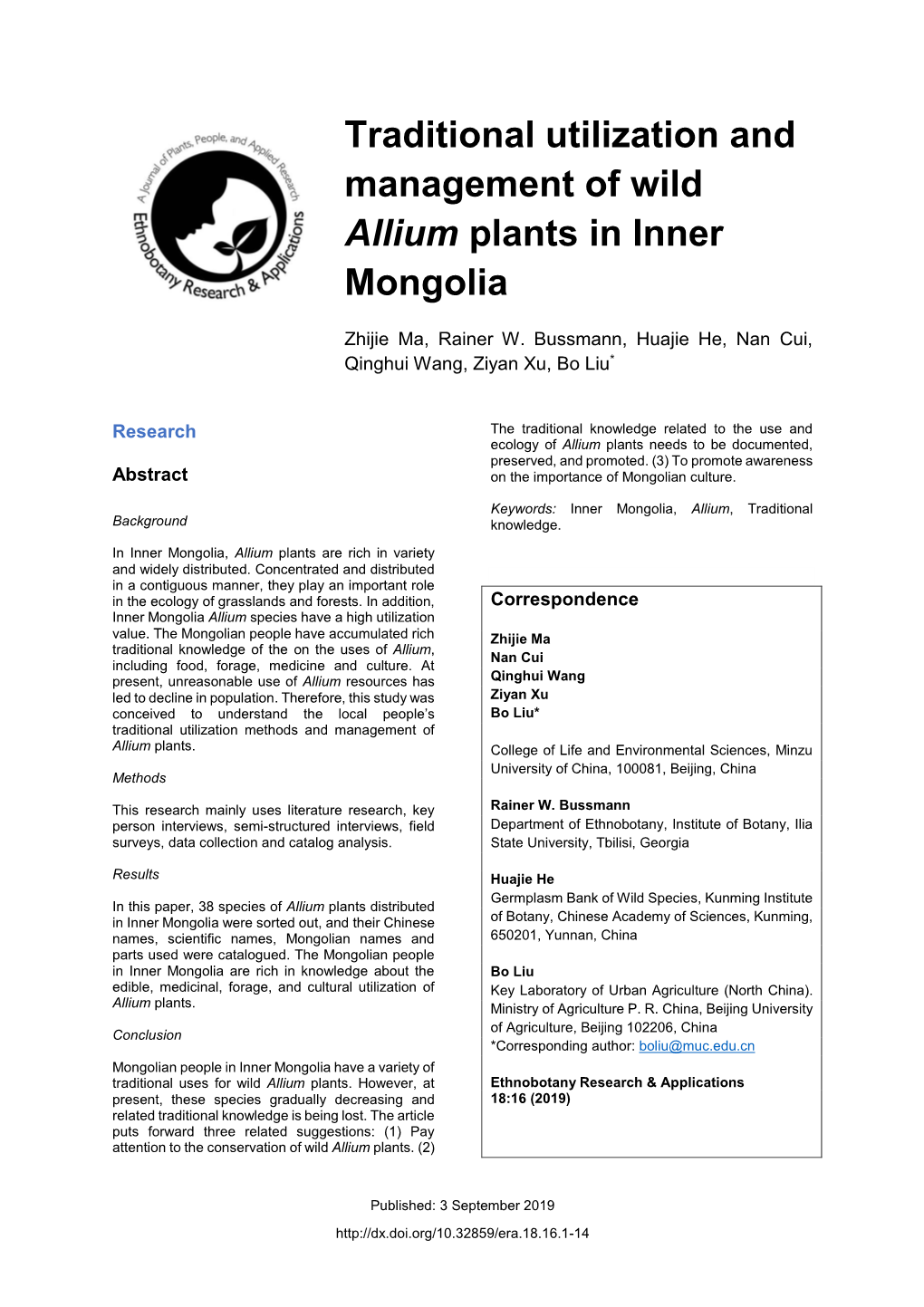 Traditional Utilization and Management of Wild Allium Plants in Inner Mongolia