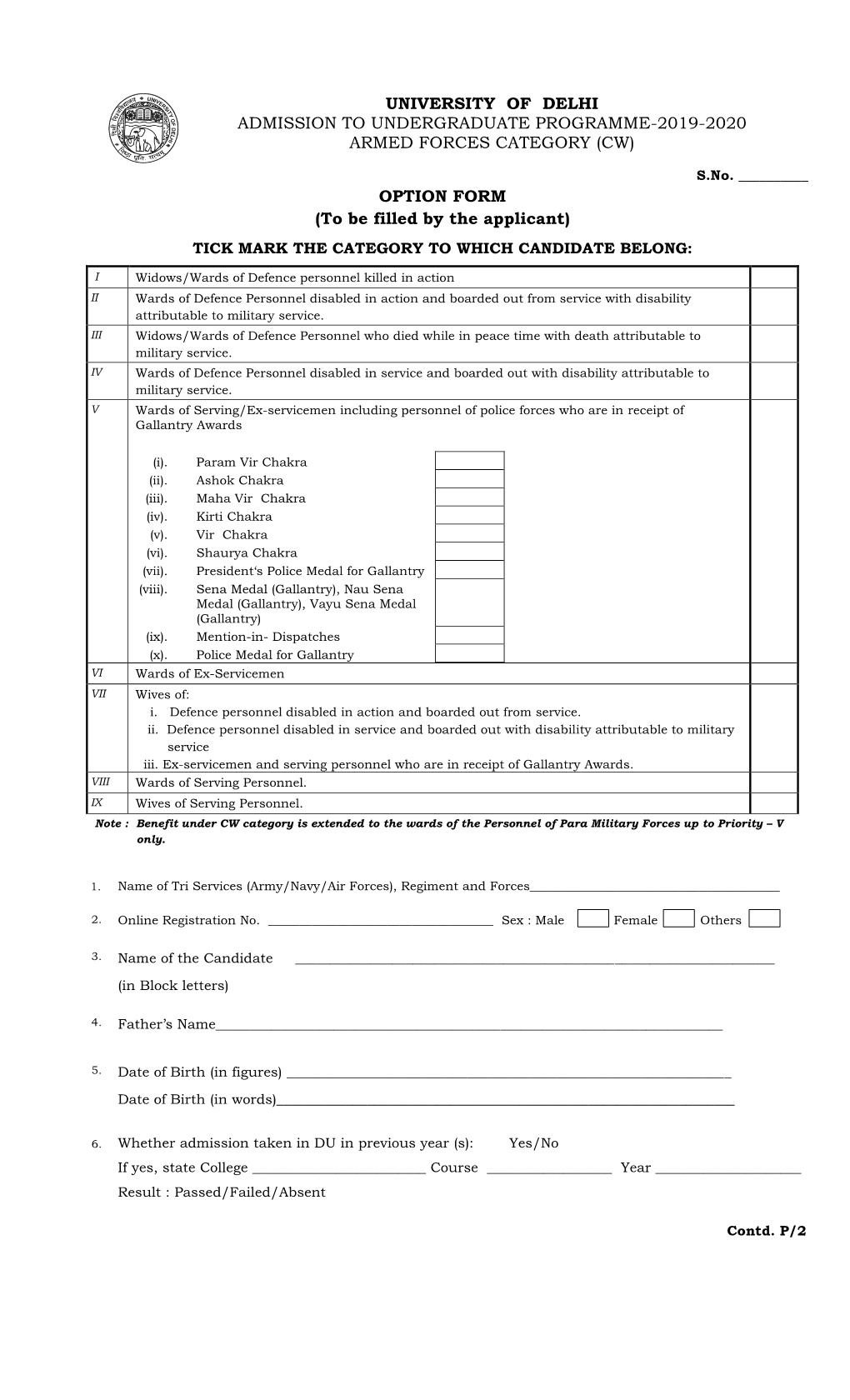 Option Form for Armed Forces Category