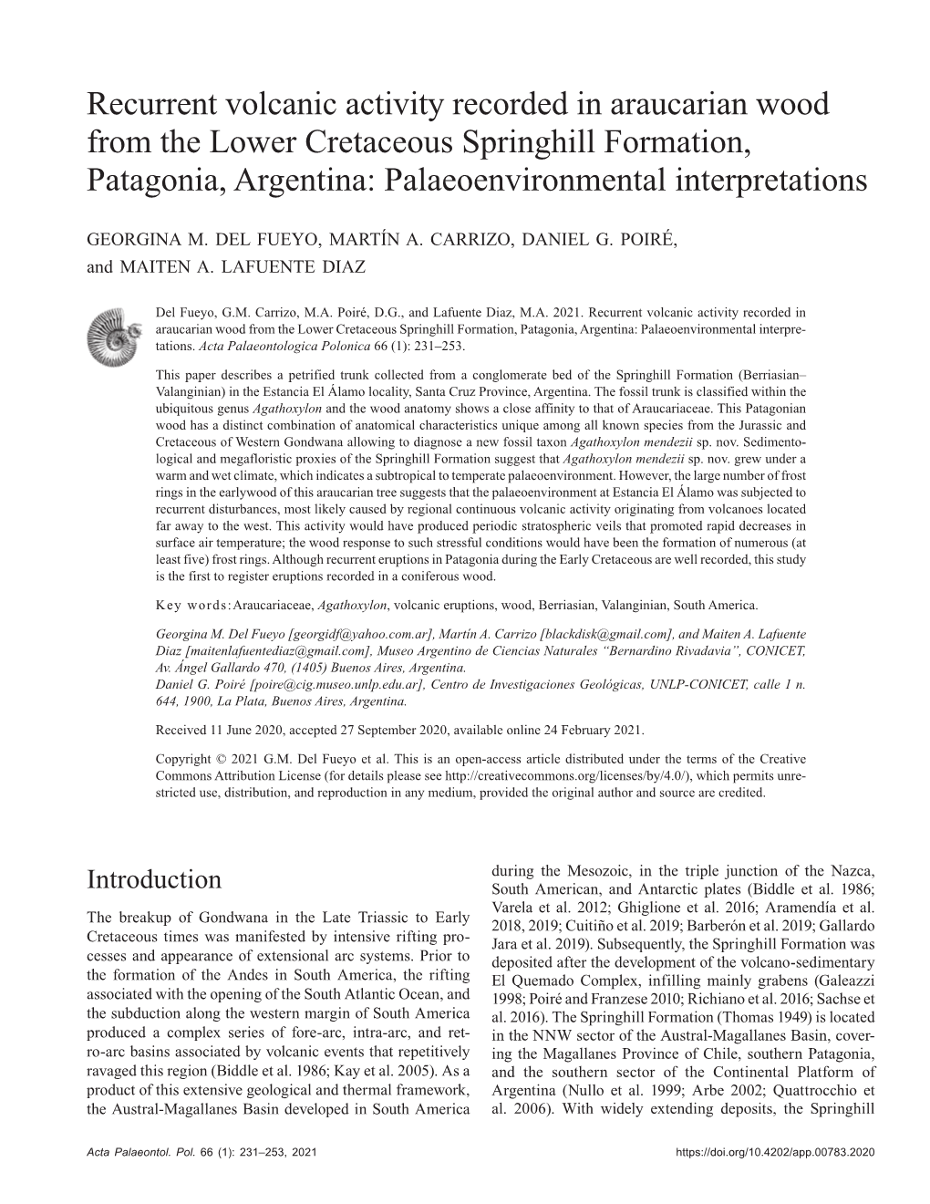 Recurrent Volcanic Activity Recorded in Araucarian Wood from the Lower Cretaceous Springhill Formation, Patagonia, Argentina: Palaeoenvironmental Interpretations