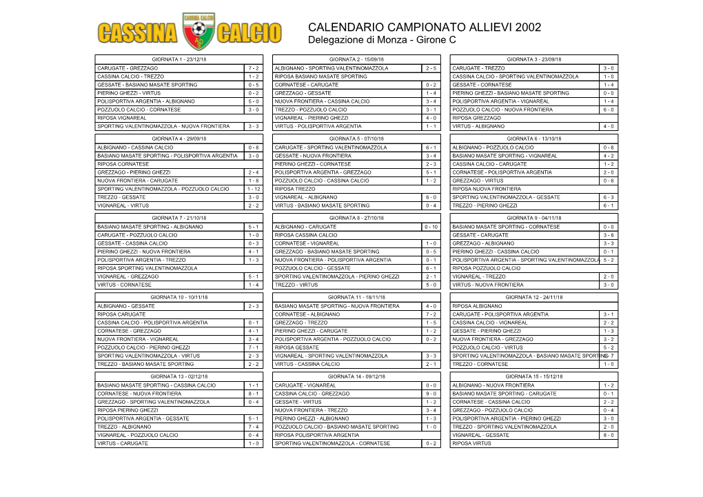 CALENDARIO CAMPIONATO ALLIEVI 2002 Delegazione Di Monza - Girone C