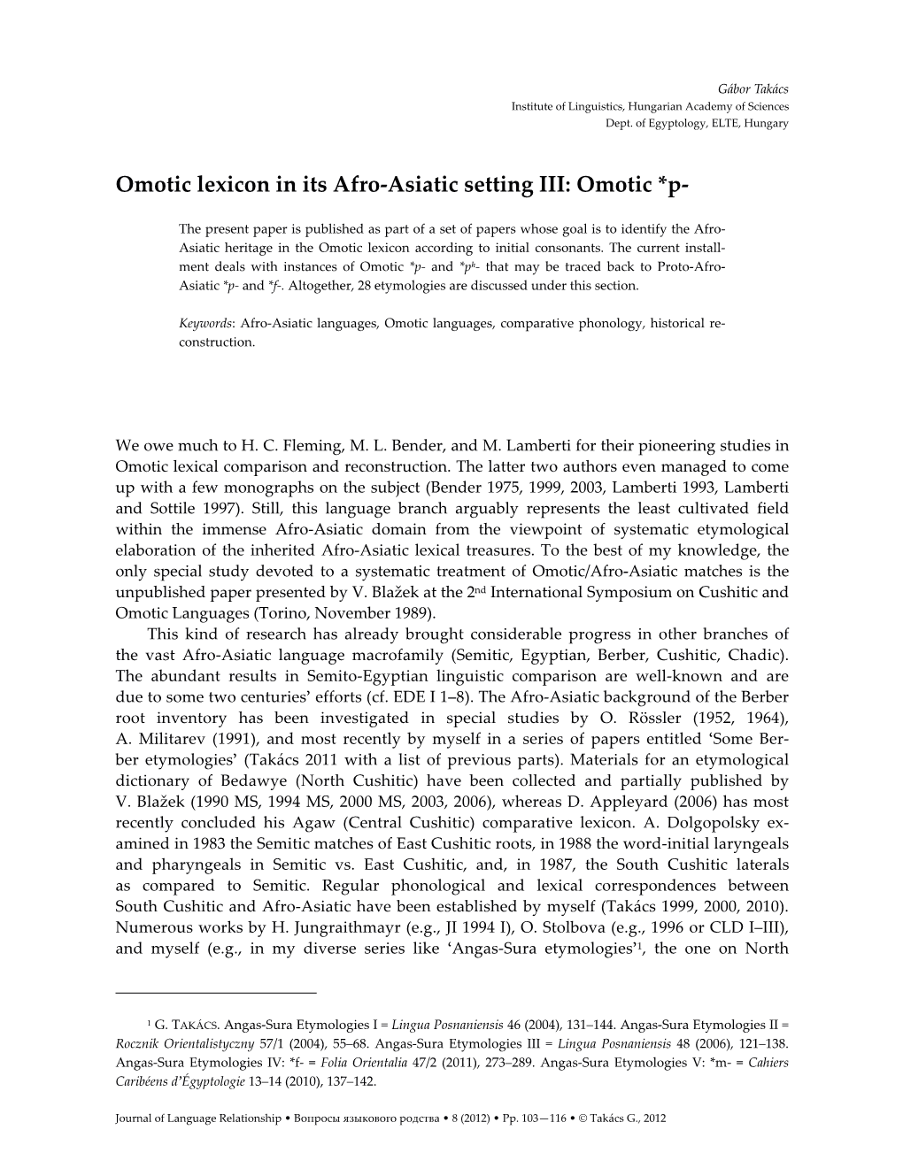 Omotic Lexicon in Its Afro-Asiatic Setting III: Omotic *P