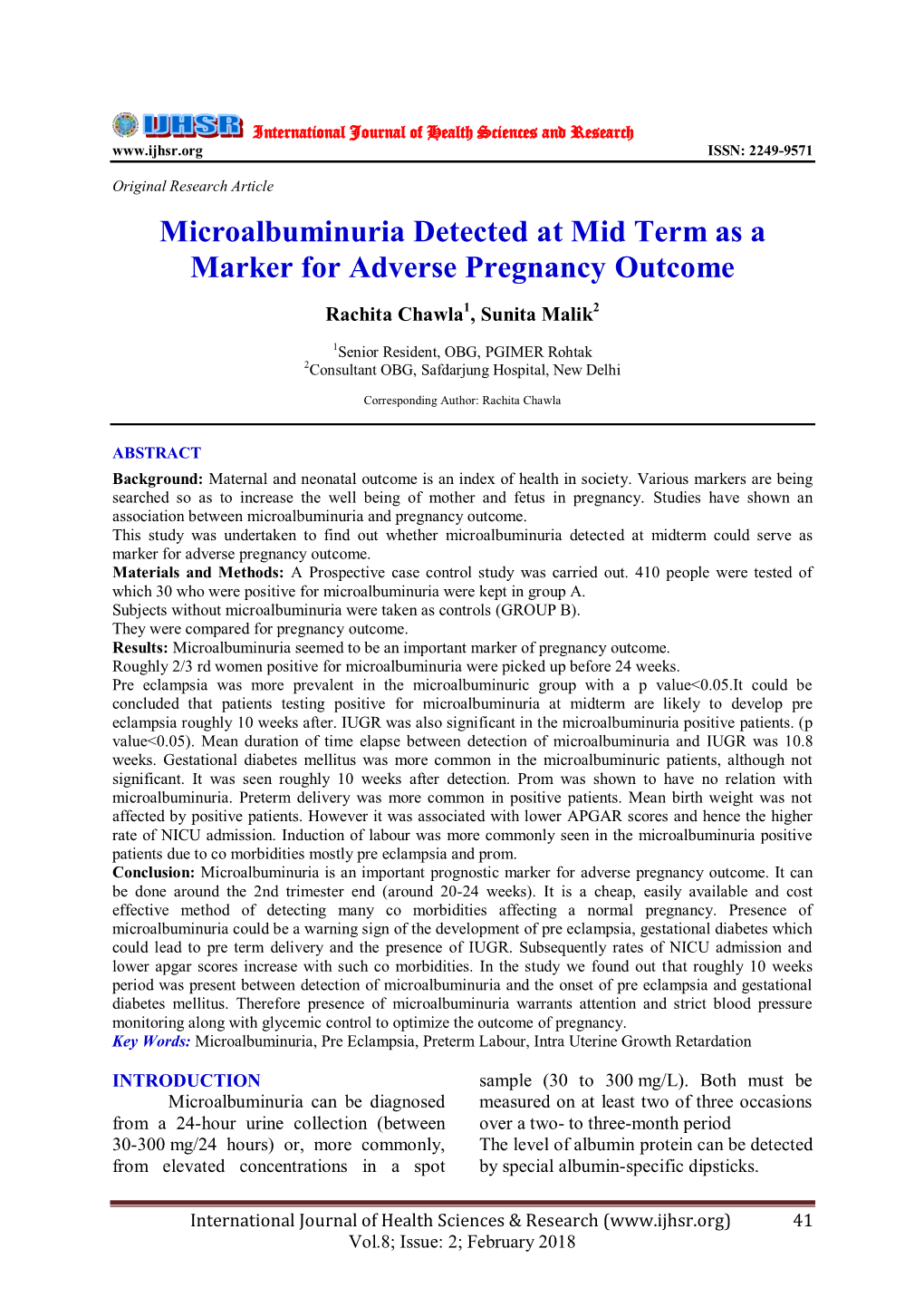 Microalbuminuria Detected at Mid Term As a Marker for Adverse Pregnancy Outcome
