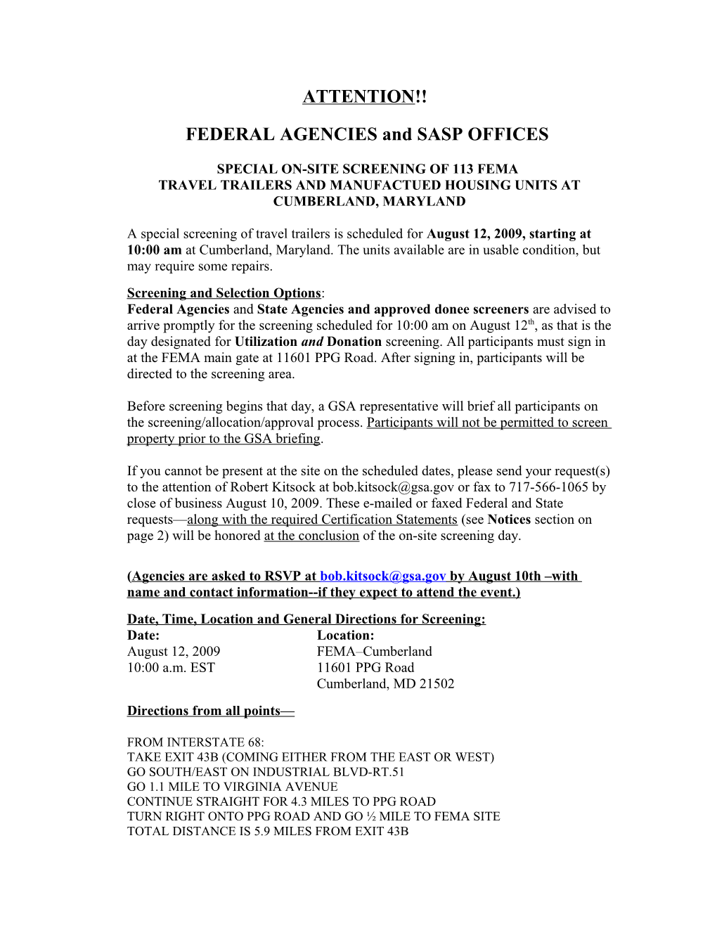 FEDERAL AGENCIES and SASP OFFICES