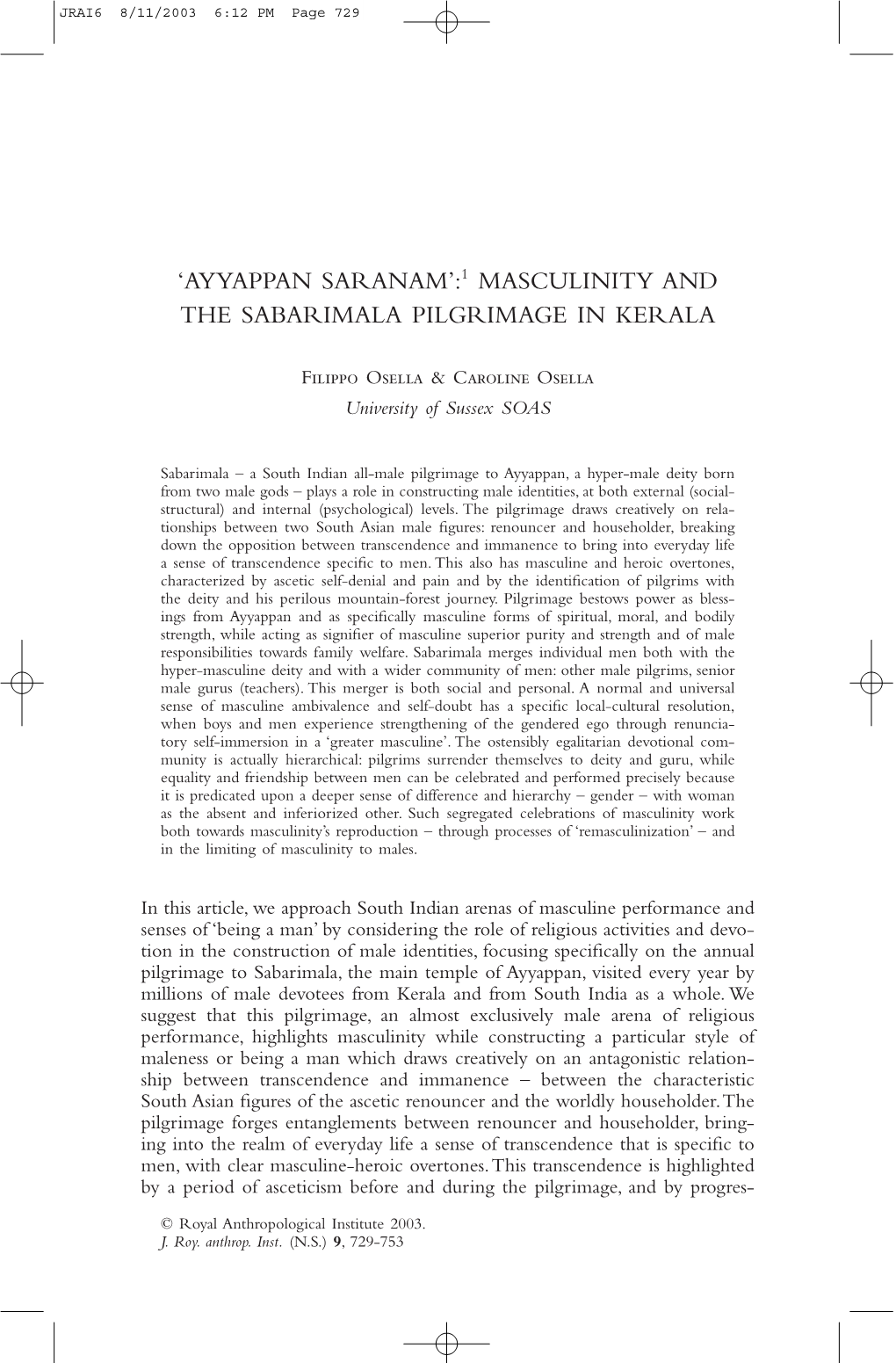 Ayyappan Saranam’:1 Masculinity and the Sabarimala Pilgrimage in Kerala